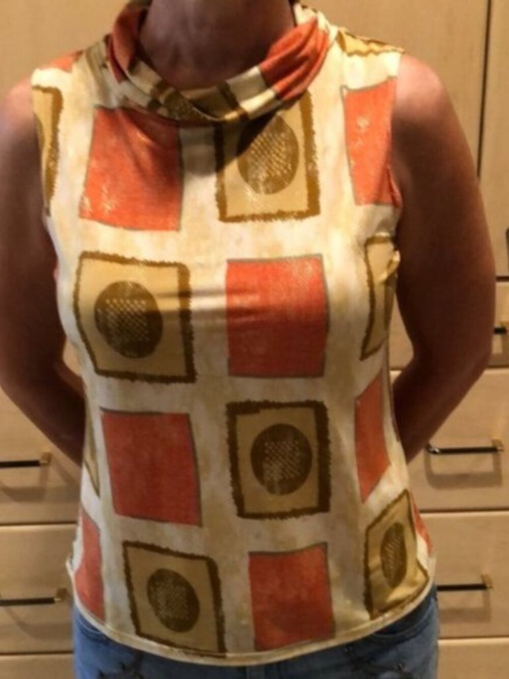 Sleeveless Geometric Print Cowl Neck Top - Orange/Gold - Picture 13 of 13